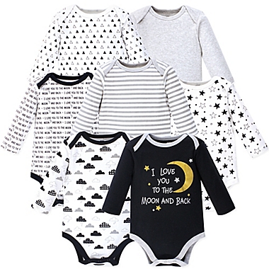 Hudson Baby&reg; Size 0-3M 7-Pack Moon And Back Long Sleeve Bodysuits in Grey/White. View a larger version of this product image.
