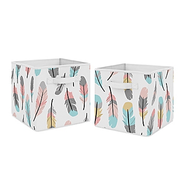 Sweet Jojo Designs&reg; Feather Fabric Storage Bins in Turquoise/Coral (Set of 2). View a larger version of this product image.