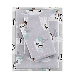 True North by Sleep Philosophy Penguin Cozy Flannel Queen Sheet Set in Grey