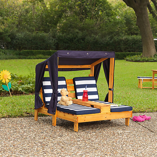 Alternate image 1 for KidKraft® Double Chaise with Cupholders and Canopy in Honey/Navy/White