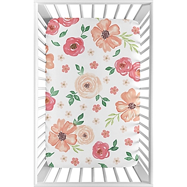 Sweet Jojo Designs&reg; Watercolor Floral Mini Fitted Crib Sheet in Peach/Green. View a larger version of this product image.