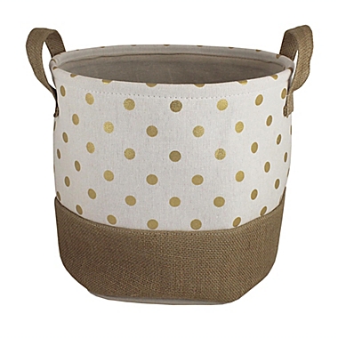 Bee &amp; Coco Round Storage Bin in Ivory with Gold Metallic Polka Dots. View a larger version of this product image.