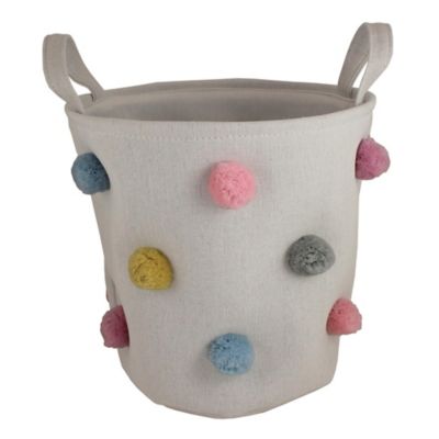 Bee &amp; Coco Round Storage Bin in Ivory with Multicolor Pom Poms