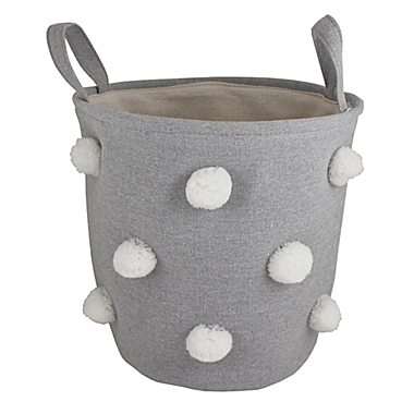 Bee &amp; Coco Round Storage Bin in Grey with White Pom Poms. View a larger version of this product image.