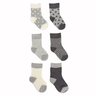 NYGB&trade; Size 0-3M 6-Pack Stripes, Stars and Dots Socks in Grey. View a larger version of this product image.