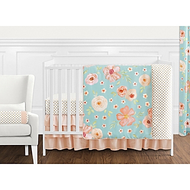 Sweet Jojo Designs Watercolor Floral Crib Bedding Collection in Turquoise/Peach. View a larger version of this product image.