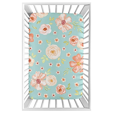 Sweet Jojo Designs Watercolor Floral Mini Fitted Crib Sheet in Turquoise. View a larger version of this product image.