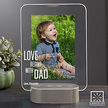 Love Begins With Dad Personalized Light Up Glass LED Vertical Picture Frame. View a larger version of this product image.