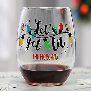 Let&#39;s Get Lit Personalized Christmas Stemless Wine Glass. View a larger version of this product image.