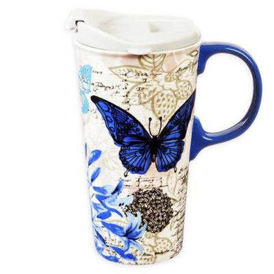 Evergreen Blue Floral Study Ceramic Travel Cup