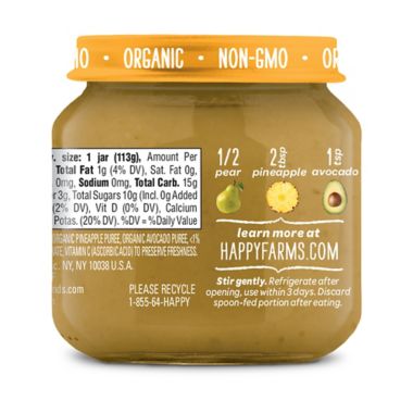 Happy Baby&trade; Organic 4 oz. Stage 2 Pears, Pineapple, Avocado Baby Food Jar. View a larger version of this product image.