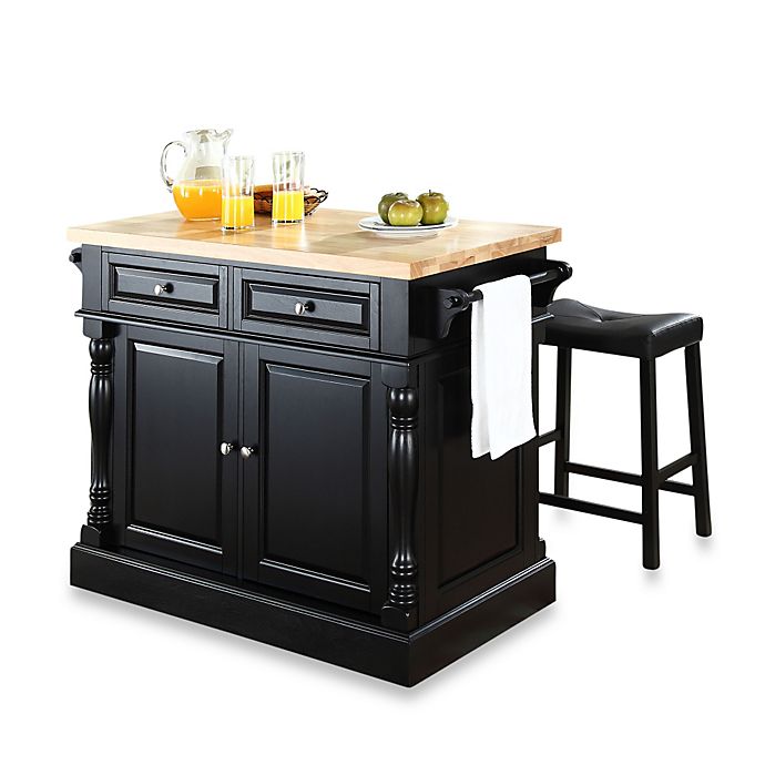 Crosley Butcher Block Top Kitchen Island with 24-Inch Black Upholstered Saddle Stools Bed Bath ...