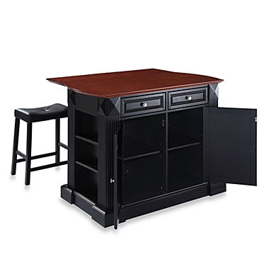 Crosley Drop Leaf Breakfast Bar Top Kitchen Island with Upholstered Saddle Stools. View a larger version of this product image.
