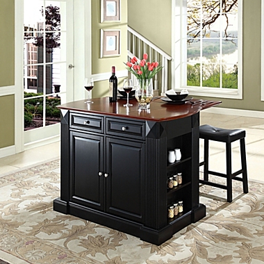 Crosley Drop Leaf Breakfast Bar Top Kitchen Island with Upholstered Saddle Stools. View a larger version of this product image.