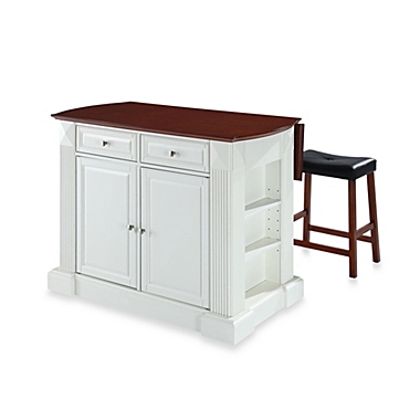 Drop Leaf Breakfast Bar Top Kitchen Island in White Finish with Upholstered Saddle Stools. View a larger version of this product image.