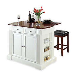 Crosley Drop Leaf Breakfast Bar Top Kitchen Island with Cherry Square Seat Stools