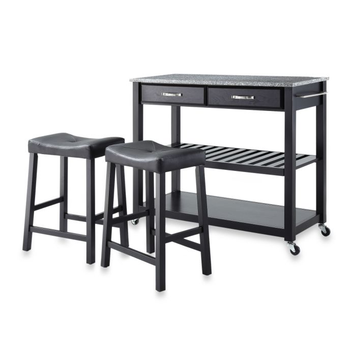 Crosley Granite Top Kitchen Rolling Cart Island With Matching Upholstered Saddle Stools Bed Bath Beyond