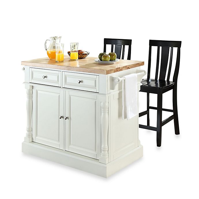 Crosley Butcher Block Top Kitchen Island with 24-Inch Shield Back Stools in White/Black Bed ...