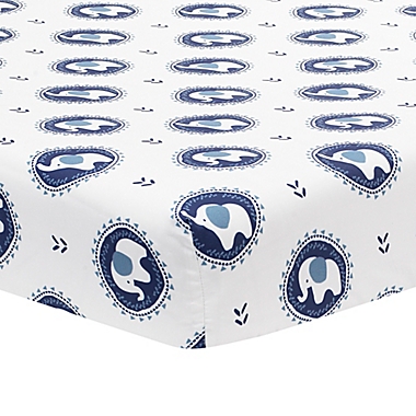 Lambs &amp; Ivy&reg; Indigo Elephant Fitted Crib Sheet in Blue/White. View a larger version of this product image.