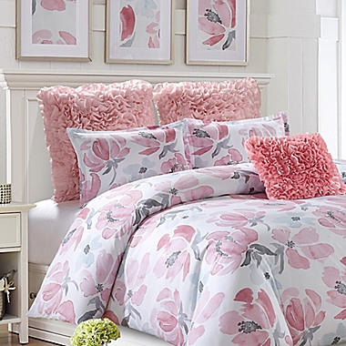 Soft Floral Reversible Full Comforter Set in Pink/Grey. View a larger version of this product image.