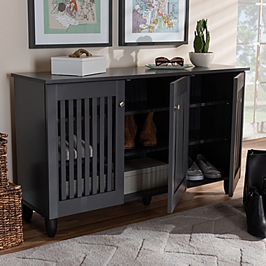 Baxton Studio Meryl 3-Door Shoe Cabinet in Dark Grey. View a larger version of this product image.