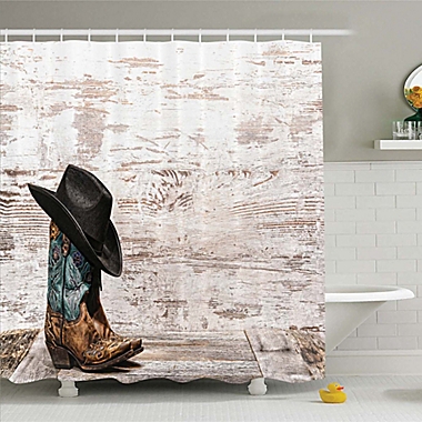 Western cowboy boots and hat on white Bathroom Fabric Shower Curtain Set 71inch 