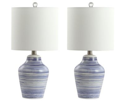 Safavieh Maxton LED Table Lamp in Blue/White with Fabric Lamp Shade (Set of 2)
