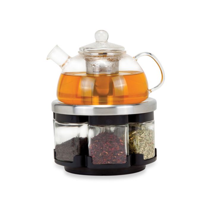Orii™ Glass Tea Rack Set with 6 Tea Leaf Filled Canisters Bed Bath