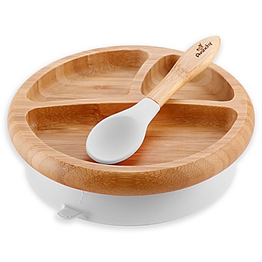 Avanchy Bamboo + Silicone Suction Divided Infant Plate and Spoon in White. View a larger version of this product image.