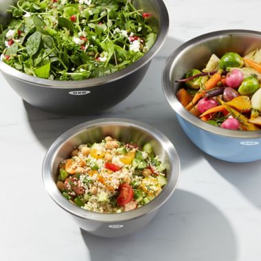 OXO Stainless Steel Mixing Bowls Nesting 3-Piece Set in Grey/Blue. View a larger version of this product image.