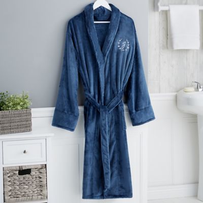 Floral Wreath Embroidered Luxury Fleece Robe in Navy