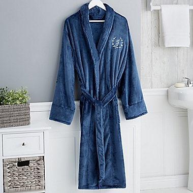 Floral Wreath Embroidered Luxury Fleece Robe in Navy. View a larger version of this product image.