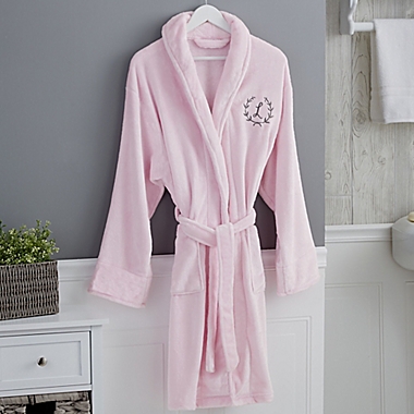 Floral Wreath Embroidered Luxury Fleece Robe in Pink. View a larger version of this product image.