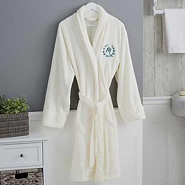 Floral Wreath Embroidered Luxury Fleece Robe in Ivory. View a larger version of this product image.
