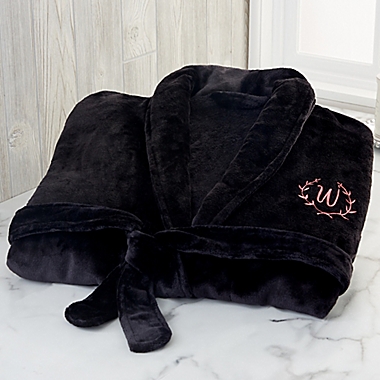 Floral Wreath Embroidered Luxury Fleece Robe in Black. View a larger version of this product image.