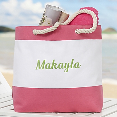 Colorful Name Embroidered Beach Tote in Pink. View a larger version of this product image.