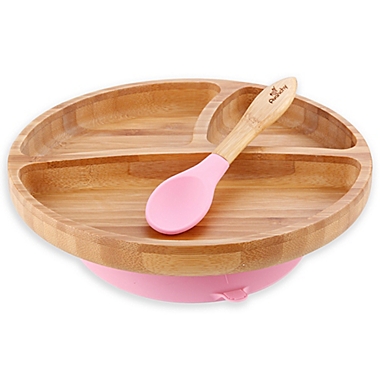 Avanchy Bamboo + Silicone Suction Toddler Plate + Spoon in Pink. View a larger version of this product image.
