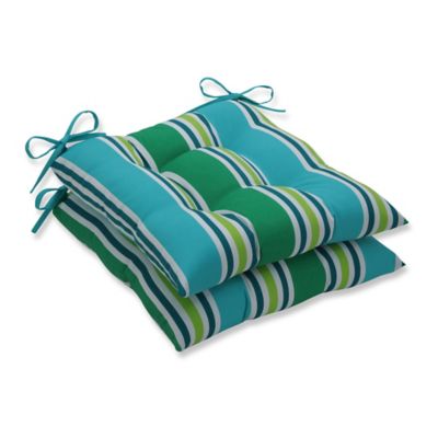 2pc Aruba Stripe Wrought Iron Outdoor Seat Cushions Turquoise/Green - Pillow Perfect: Weather-Resistant, Tufted Lawn Cushions