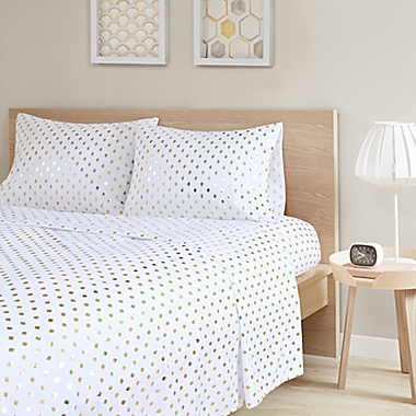 Intelligent Design Metallic Dot Printed Queen Sheet Set in White/Gold. View a larger version of this product image.