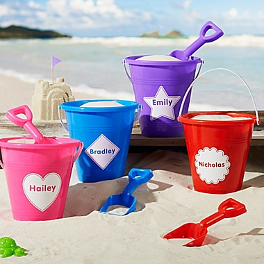 Shapes Personalized Plastic Beach Pail &amp; Shovel in Pink. View a larger version of this product image.