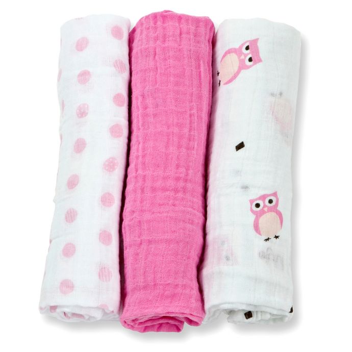 Lulujo Baby Mini Owl Muslin 3Pack Blanket Set in Pink Bed Bath and