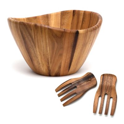 Lipper International Acacia Wood 3-Piece Wave Bowl and Salad Hand Set