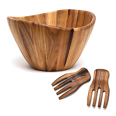 Lipper International Acacia Wood 3-Piece Wave Bowl and Salad Hand Set. View a larger version of this product image.