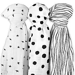 Ely's & Co.® 3-Pack Cotton Muslin Star Print Swaddle Blankets in Black/White