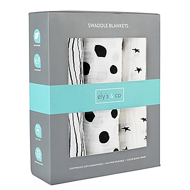 Ely&#39;s &amp; Co.&reg; 3-Pack Cotton Muslin Star Print Swaddle Blankets in Black/White. View a larger version of this product image.