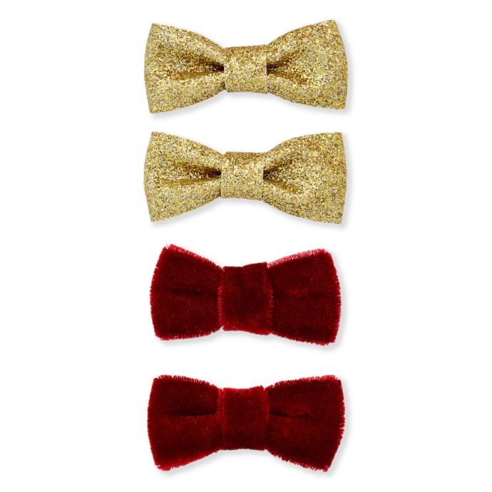 Khristie Mini Velvet And Glitter Bow Hair Clips In Burgundy Gold