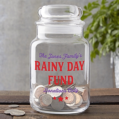 Rainy Day Personalized Glass Money Jar. View a larger version of this product image.