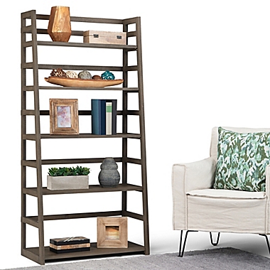 Simpli Home Acadian Solid Wood Ladder Shelf Bookcase in Farmhouse Grey. View a larger version of this product image.