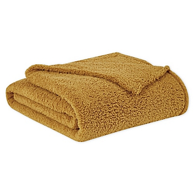 Brooklyn Loom Marshmallow Sherpa Full/Queen Throw Blanket in Mustard. View a larger version of this product image.