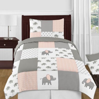 pink and grey elephant bedding